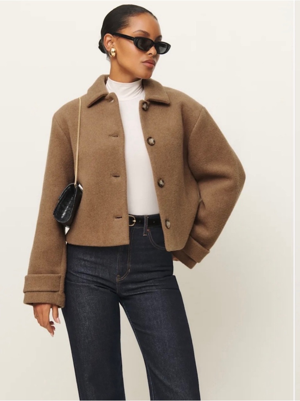 Reformation Enzo Wool-Blend Cropped Button Jacket in Camel